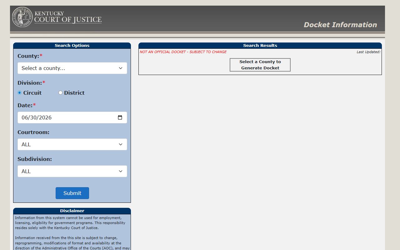 Graves County court dockets Kentucky docket search interface